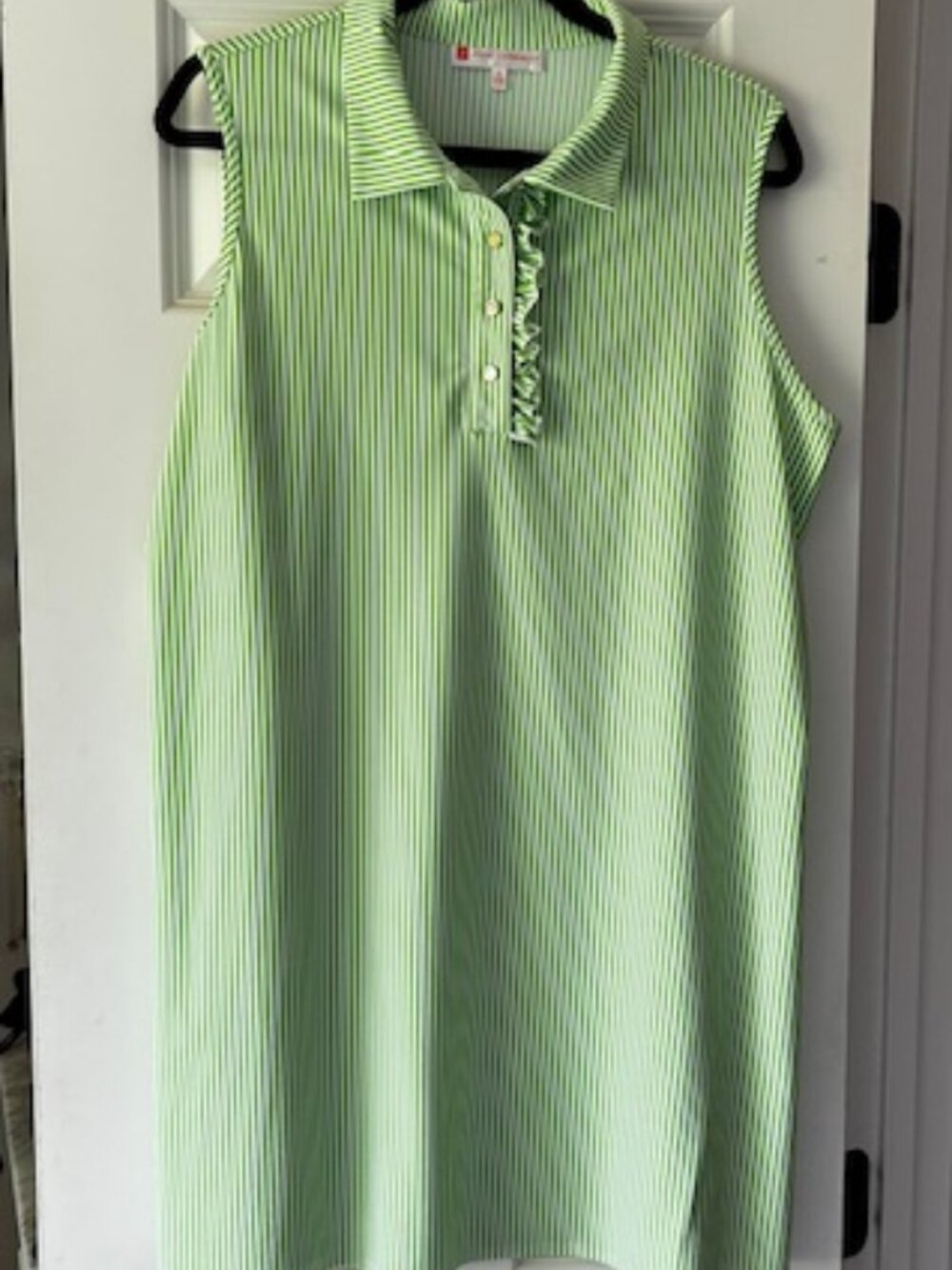 Jude Connally Green and White Vertical Striped Sleeveless Polo Dress, Size XL